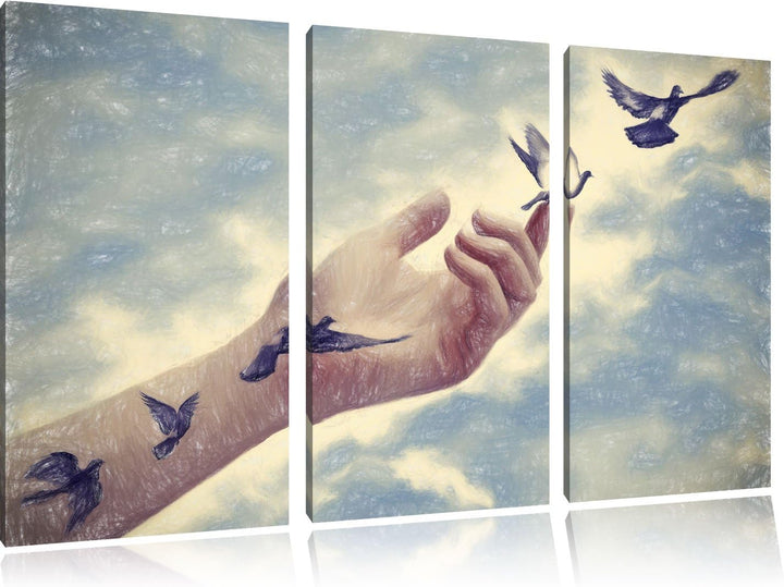 Pixxprint Vögel fliegen in die Freiheit/Format: 3-Teiler (120x80cm) cm/Leinwandbild fertig bespannt