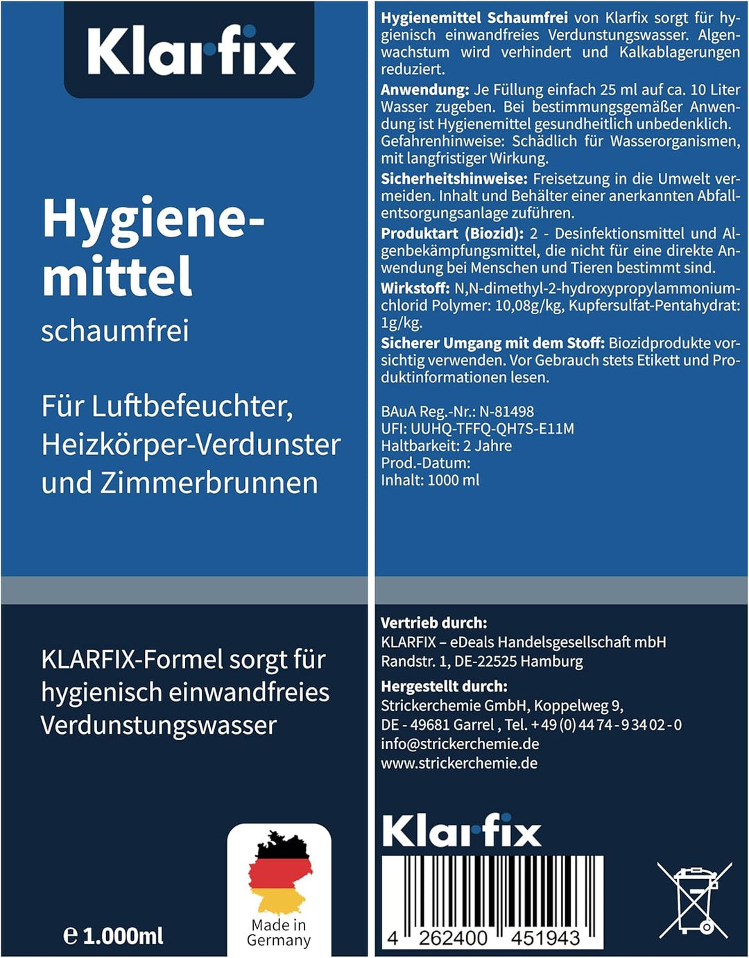 Hygienemittel schaumfrei | Konservierungsmittel für Luftbefeuchter, Luftreiniger, Luftwäscher, Zimme