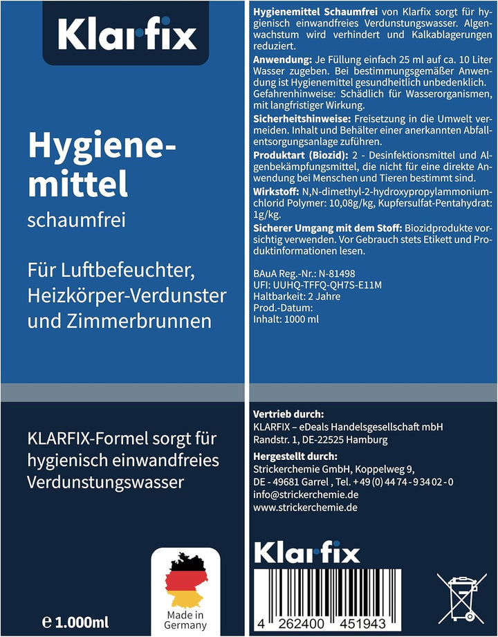 Hygienemittel schaumfrei | Konservierungsmittel für Luftbefeuchter, Luftreiniger, Luftwäscher, Zimme