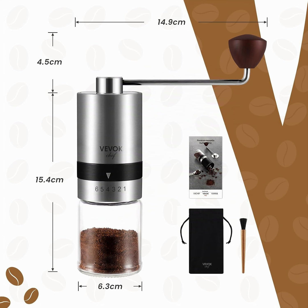 Vevok Chef Manuelle Kaffeemühle mit 6 verstellbaren Einstellungen, Edelstahl-Frässtifte, tragbare Ed