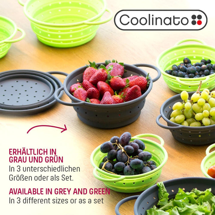 Coolinato – Silikonsieb faltbar 3er Set 16/20/ 24cm Grau – Nudelsieb zum abseihen - Küchensieb spülm