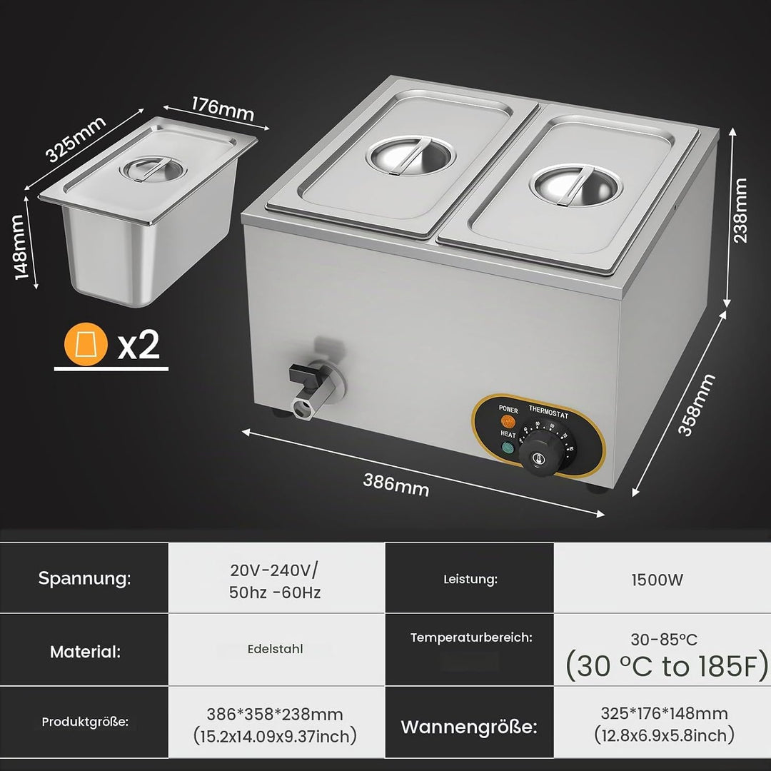 Elektrische Speisenwärmer Bain Marie Gastro GN-Behältern 1/3 * 2 Warmhalter Edelstahl mit Ablaufhahn