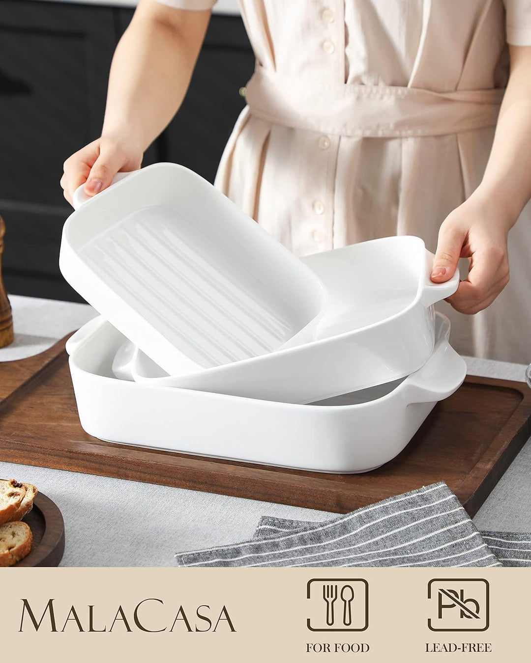 MALACASA, Serie Bake. Bake, 3 teilig Auflaufformen für den Ofen, Porzellan Backformen Set Durable Ca