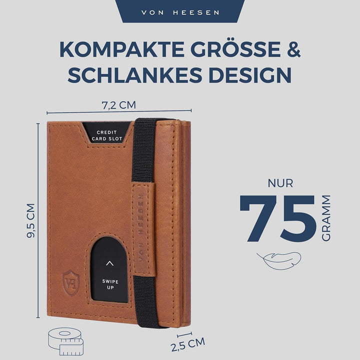 VON HEESEN Slim Wallet mit XL Münzfach & RFID-Schutz - Leder Geldbeutel - Mini Geldbörse für Herren