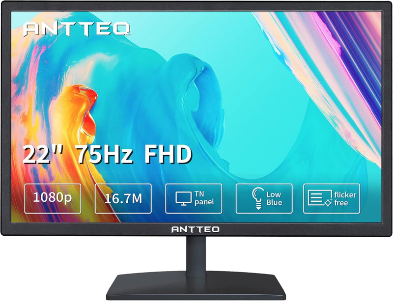 Antteq 22-Zoll-Computermonitor, FHD 1080p 75Hz Desktop-Monitor, Low Blue Light, Augenkomfort, HDMI-V