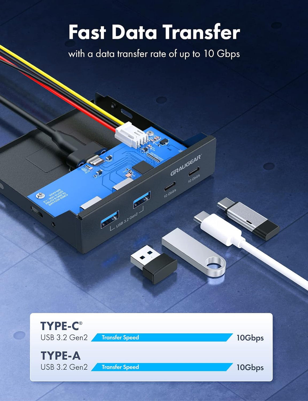 GRAUGEAR | 4 Anschlüsse 10Gbit/s Front-Panel | 2X USB-C+2X USB-A USB3.2 Gen2 HUB | Frontblende für 3