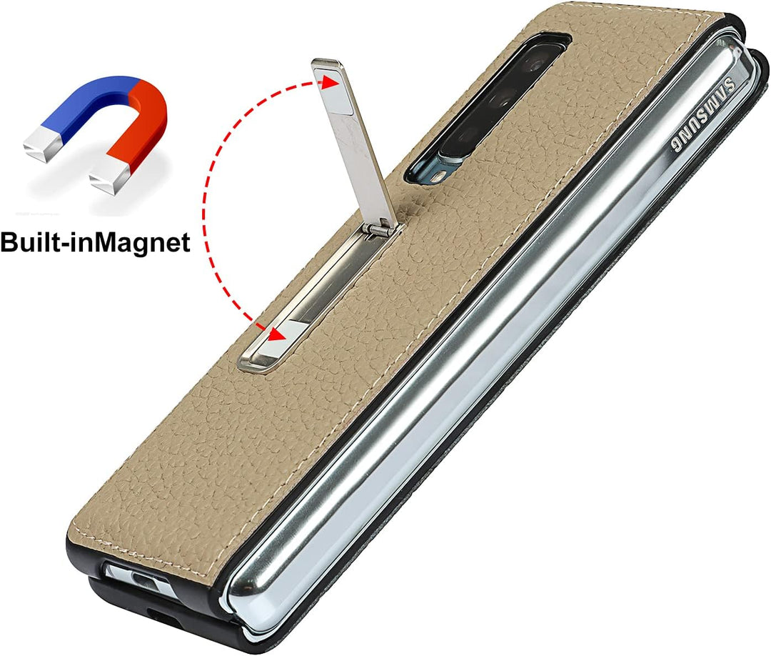 Handyhülle für Samsung Galaxy Fold, Ultradünn Luxus Litchi Korn Echtes Leder Hüllen mit Standfunktio