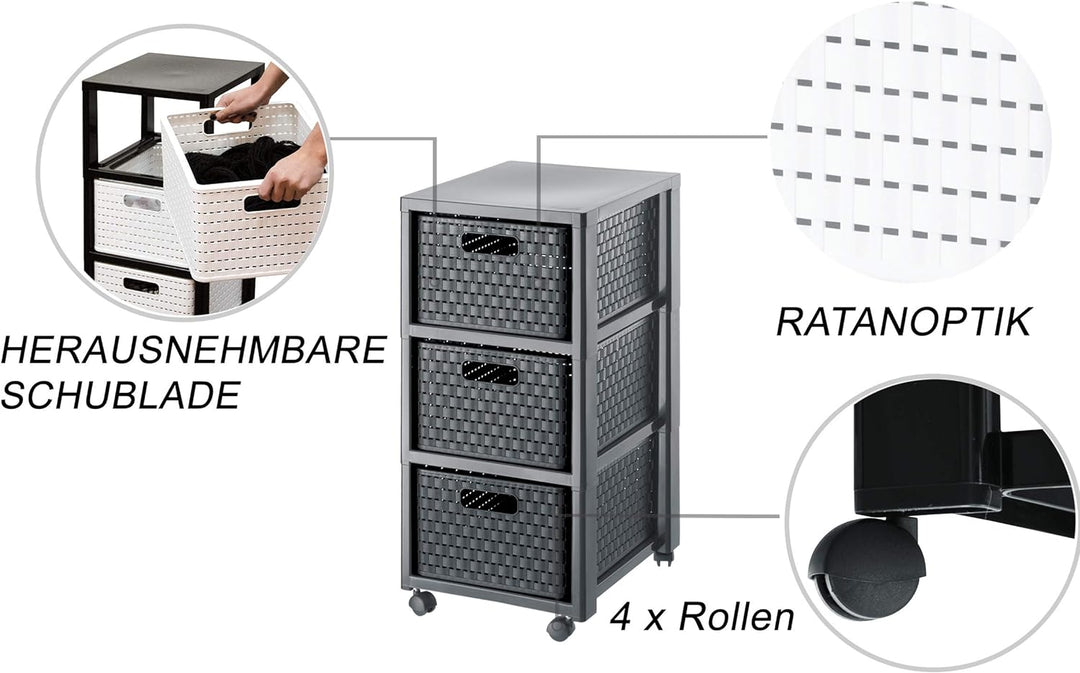 Rotho Country Rollcontainer mit 3 Schubladen in Rattan-Optik, Kunststoff (PP) BPA-frei, anthrazit, 3
