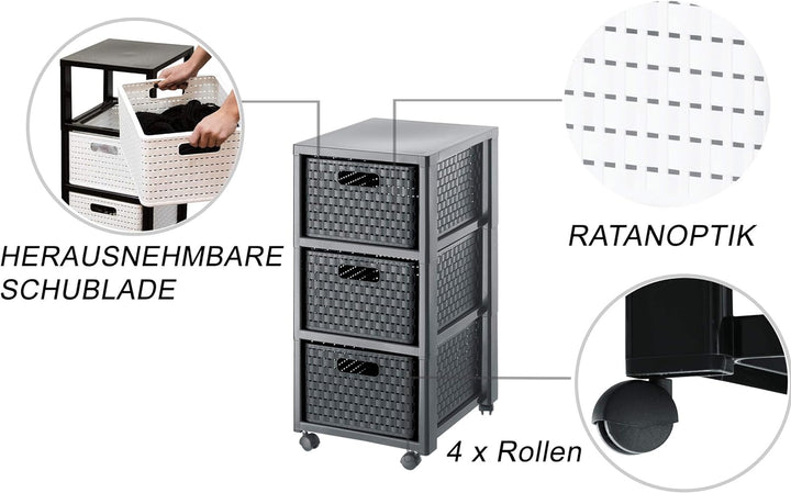Rotho Country Rollcontainer mit 3 Schubladen in Rattan-Optik, Kunststoff (PP) BPA-frei, anthrazit, 3