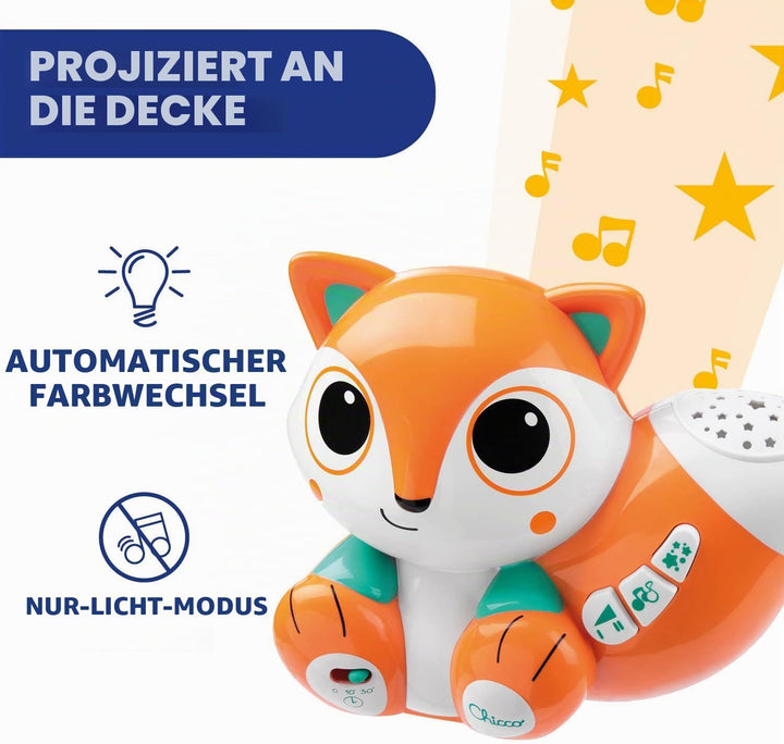 Chicco Projektor Foxy, niedlicher tragbarer Projektor mit entspannenden Melodien und bunten Projekti