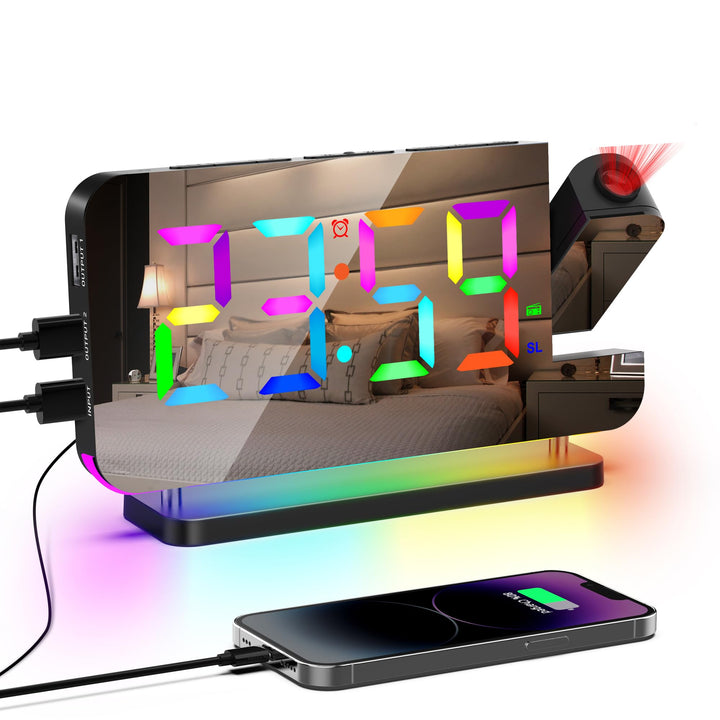 Lancoon Projektionswecker Bunter Wecker mit Radio Spiegelfläche mit 11 RGB Farbdisplay 10 Farben Nac