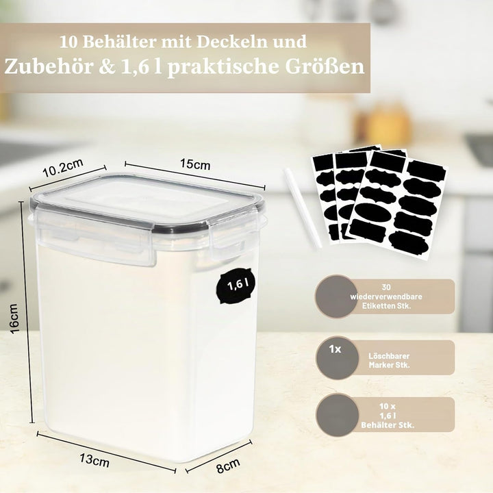 GoMaihe 1.6L Vorratsdosen 10 Set, Aufbewahrungsbox Küche Luftdicht Behälter aus Plastik Mit Deckel,