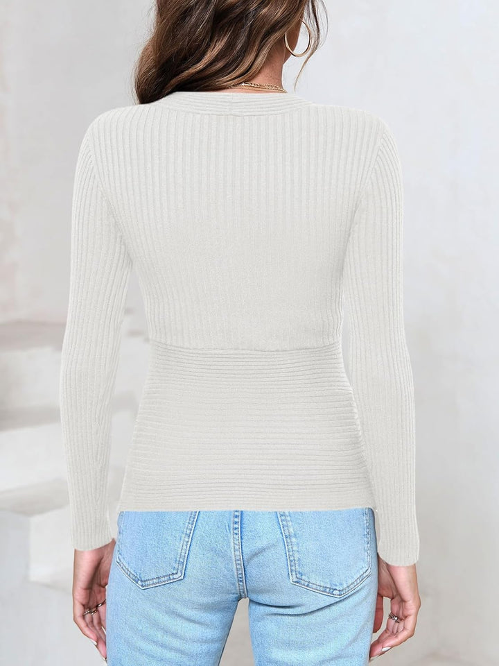 Wenrine Damen Pullover Tiefer V-Ausschnitt Wickel Sexy Strickpullover Herbst Winter Langarmshirt Sli