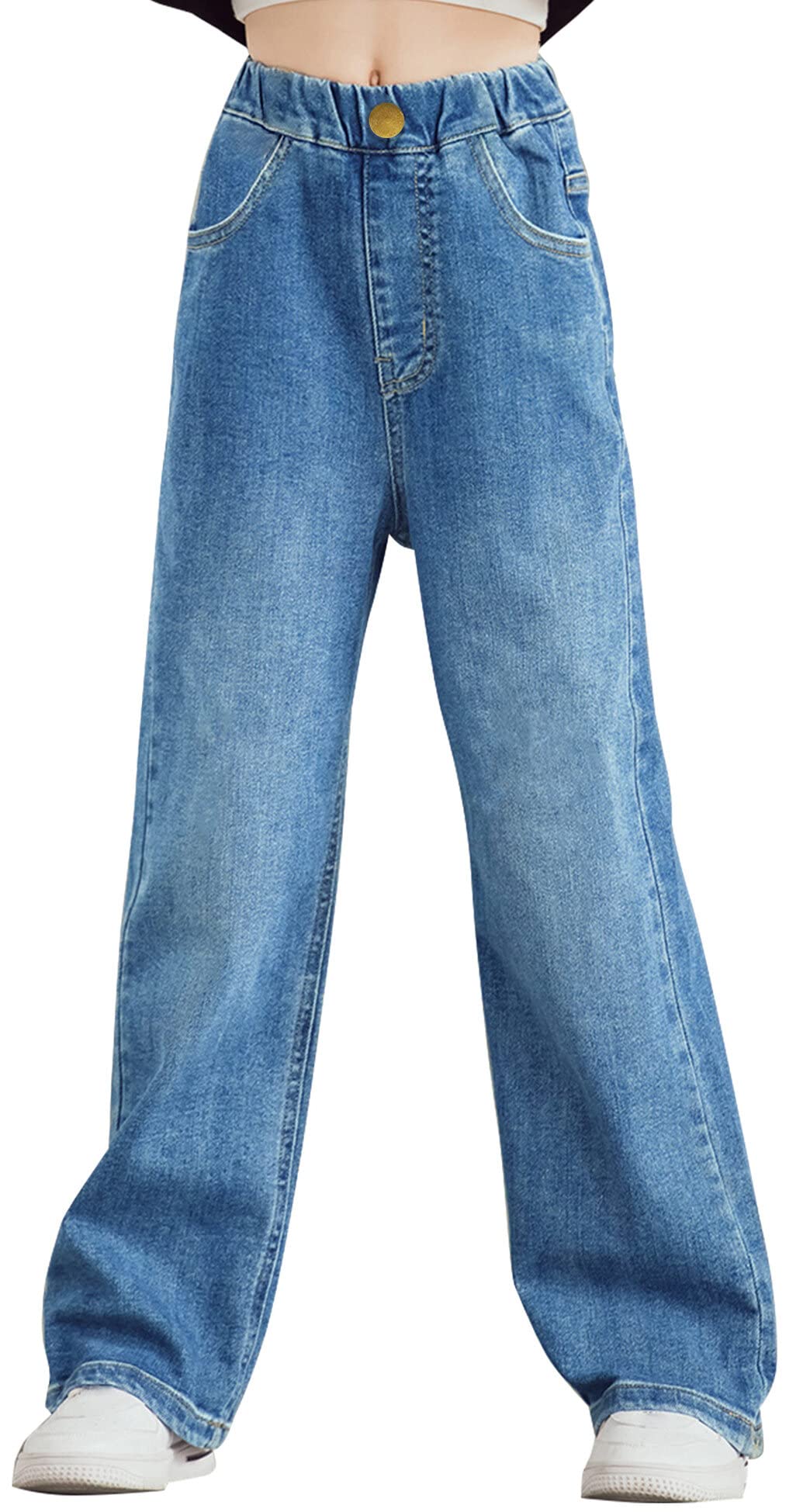 Happy Cherry Jeans Mädchen Wide Ripped Leg Cargo Hose Vintage Löcher Denim Blau 11-12 Jahre Blau-02,