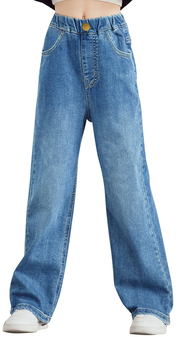 Happy Cherry Jeans Mädchen Wide Ripped Leg Cargo Hose Vintage Löcher Denim Blau 11-12 Jahre Blau-02,