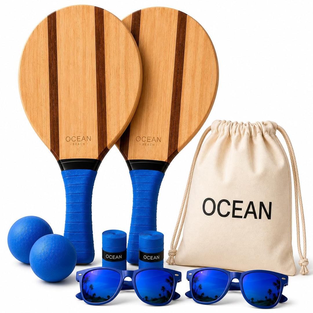 Ocean Pádel Premium-Set aus Holz-Strandschlägern, 2 Frescobol-/Beach-Tennis-Schläger mit 2 Bällen, T