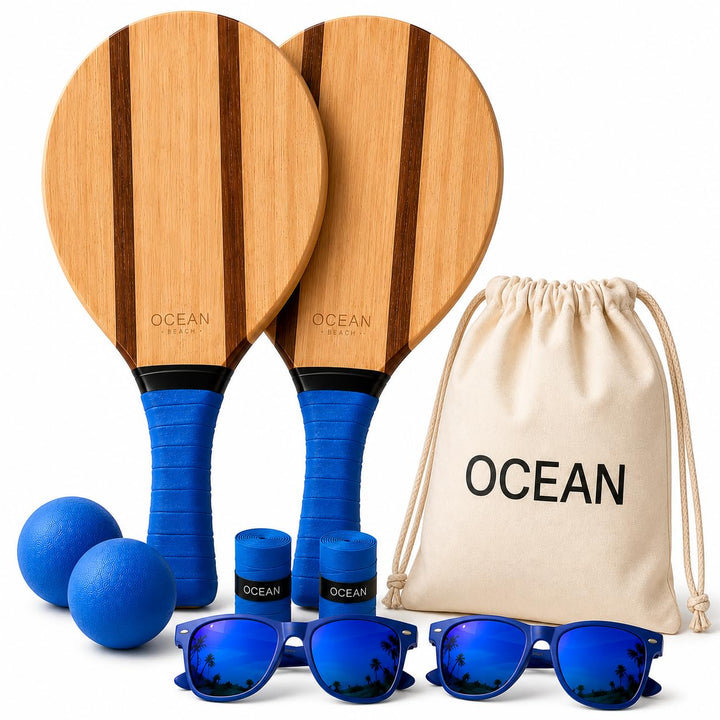 Ocean Pádel Premium-Set aus Holz-Strandschlägern, 2 Frescobol-/Beach-Tennis-Schläger mit 2 Bällen, T