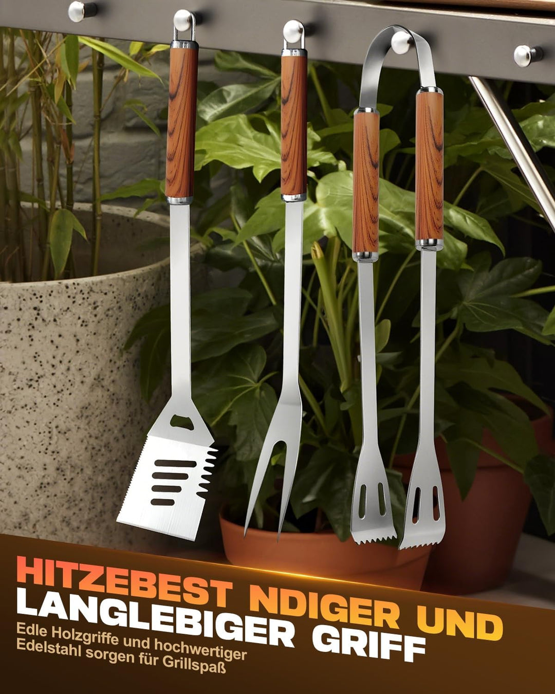 Grillbesteck Set, 3-teilig Edelstahl Grill Zubehör mit Tragetasche, Umfassendes Grillbesteck für das