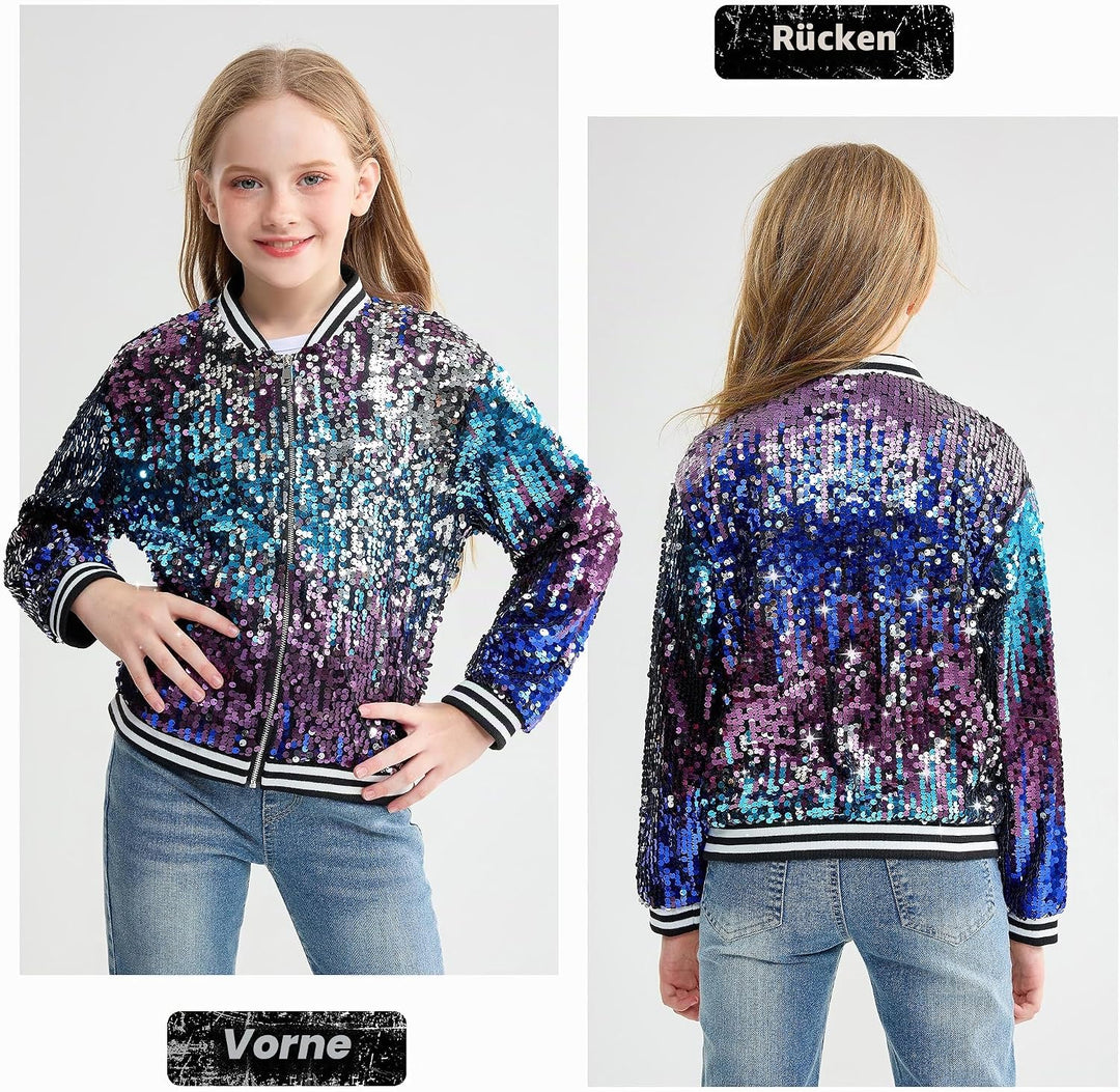 Mädchen Pailletten Bomberjacke mit Taschen Reissverschluss Langarm Glitzer Baseball Jacken für Kinde