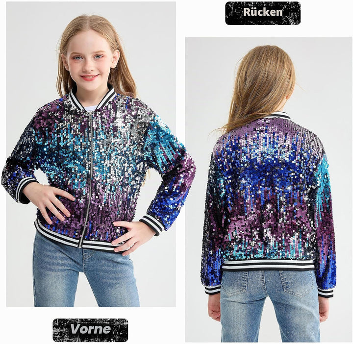 LOLANTA Mädchen Pailletten Bomberjacke mit Taschen Reissverschluss Langarm Glitzer Baseball Jacken f