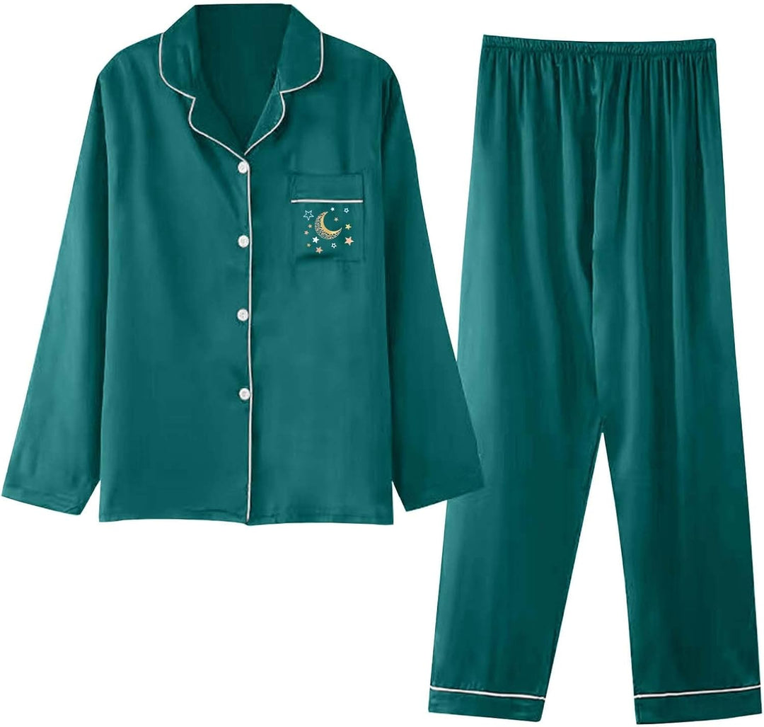 Damen Pyjama Satin Schlafanzug Set,Damen Seidensatin Pyjama Set 2Pcs Langarmhose Chinesischer Stil N