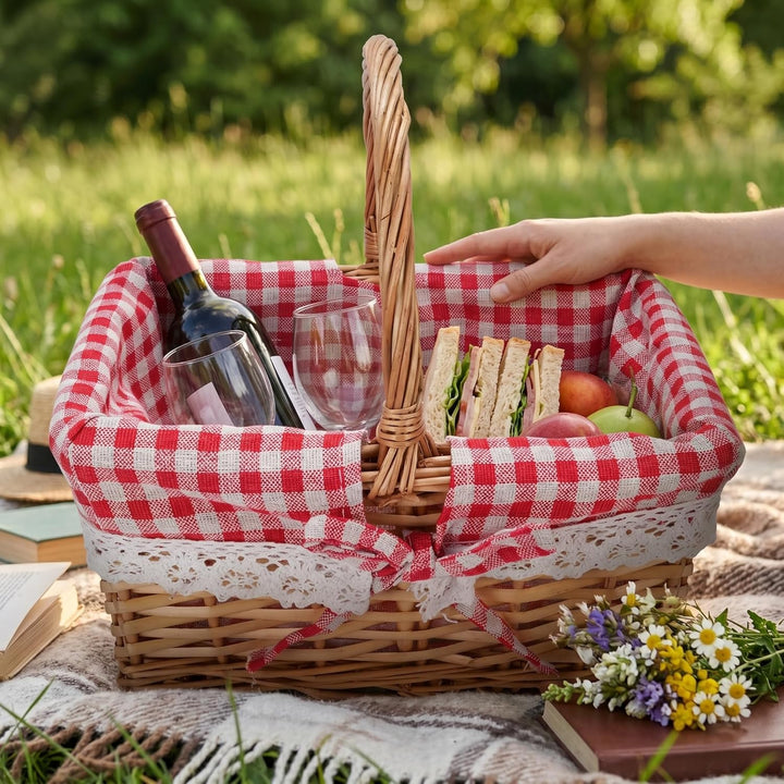 Cocoarm Picknickkorb aus Korbgeflecht, Handgewebt, Vintage-Stil, Abnehmbares Innenfutter, Rot karier