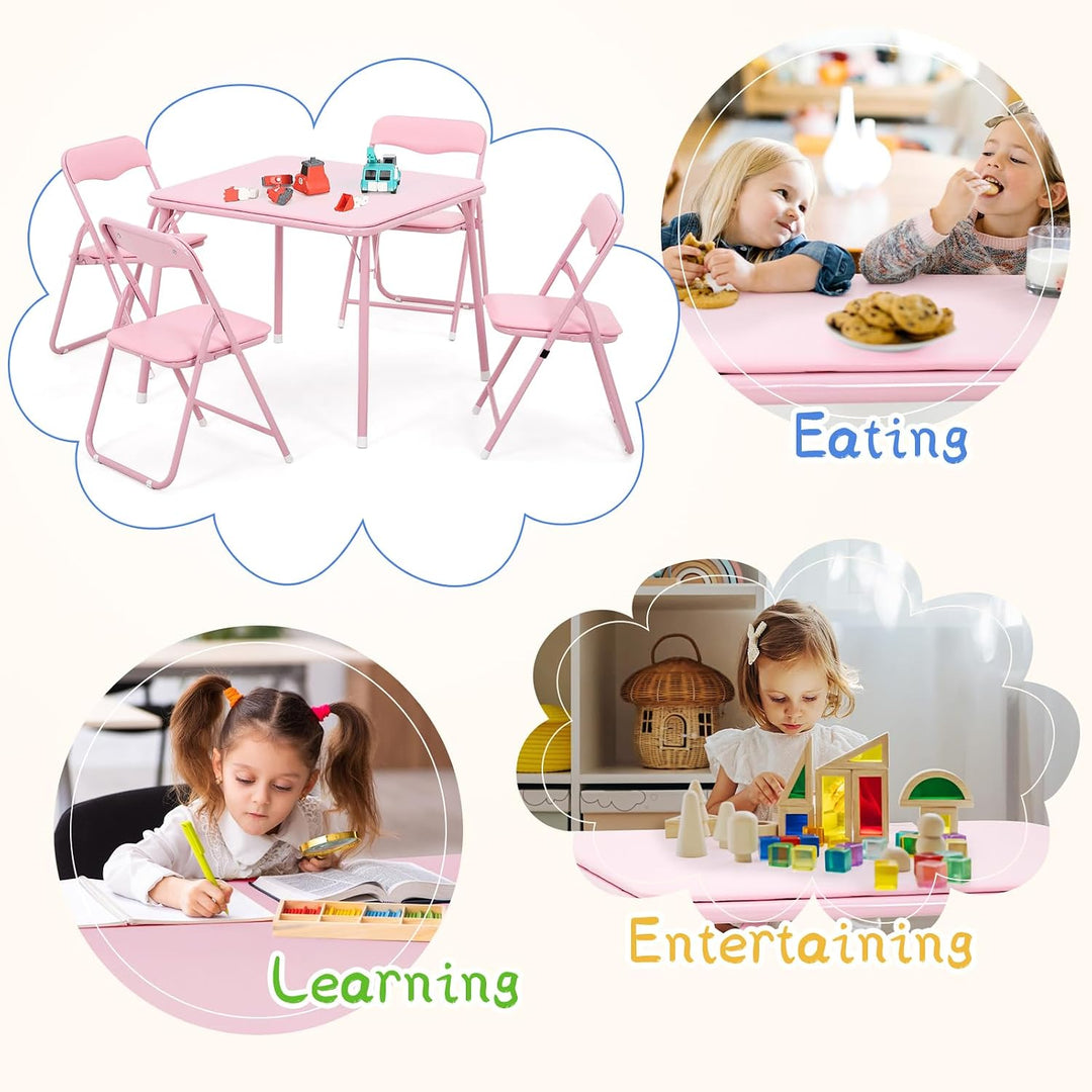 GarveeLife Kinder Klapptisch Stuhl Set 1+4 Eisen PU Holz Rosa | Vollstahlrahmen PU Leder Polster Hol