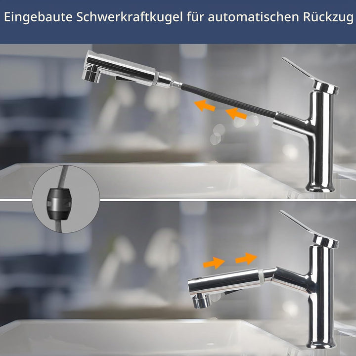 Waschtischarmatur mit Herausziehbarer Brause Wasserhahn Bad mit 3 Wasserstrahlarten Brause Kalt und
