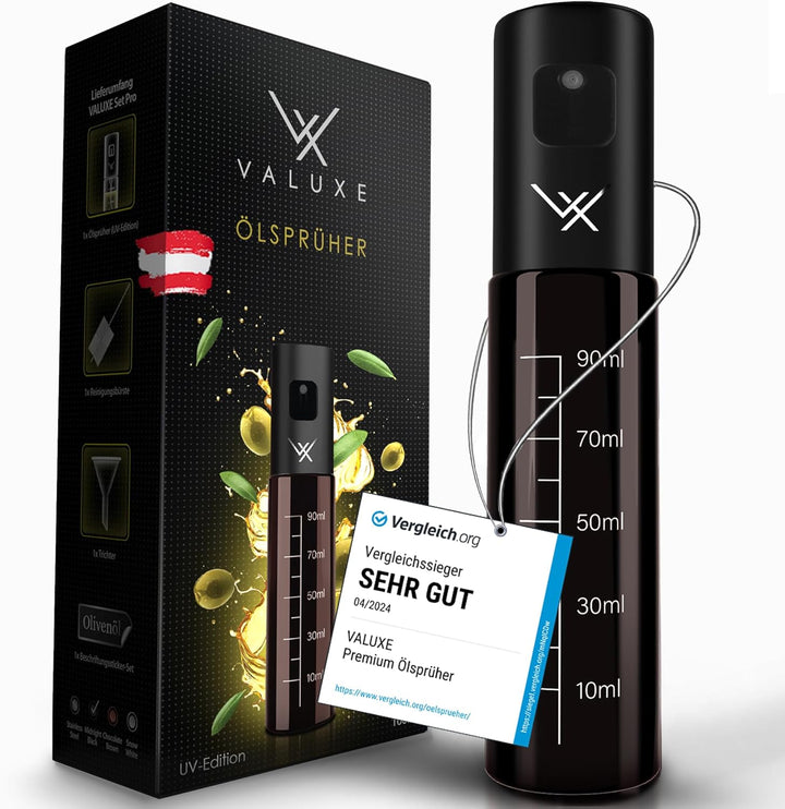 VALUXE® Ölsprüher für Speiseöl und Essig mit UV-Schutz Glas & Sprühfilter - Edelstahl Öl-Sprühflasch