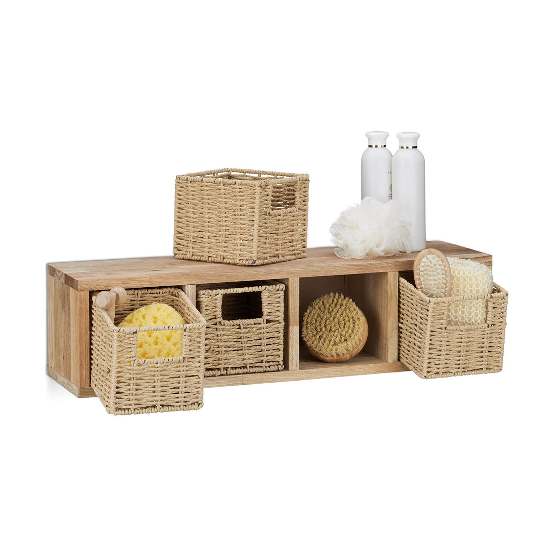 Relaxdays Wandregal Walnuss 4 herausnehmbare Körbe, natürliches Design, zur Wandmontage, natur 4 Fäc