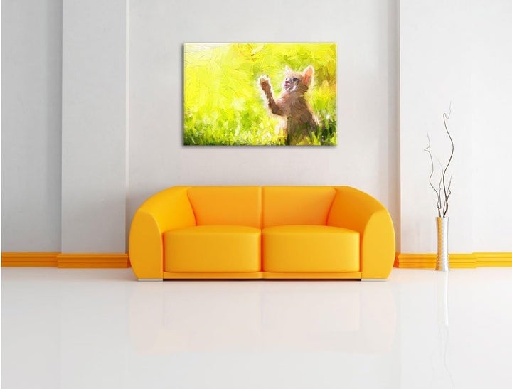 Pixxprint Kätzchen jagt Schmetterling Kunst Pinsel Effekt, Format: 100x70 auf Leinwand, 100x70