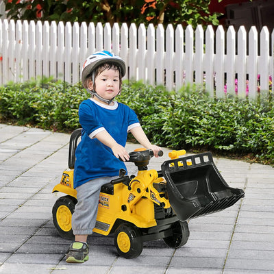 HOMCOM Sitzbagger mit eingebautem Ablagefach Kinder Rutschauto Traktor Kinderbagger mit Hupe Rutsche