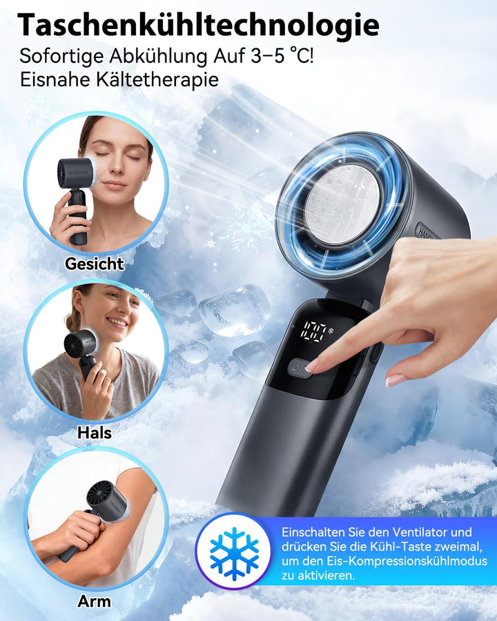 Timiyou Tragbarer Handventilator 3-in-1 mit Eiskühlung & Digitalanzeige | 100 Stufenlos Einstellbar,