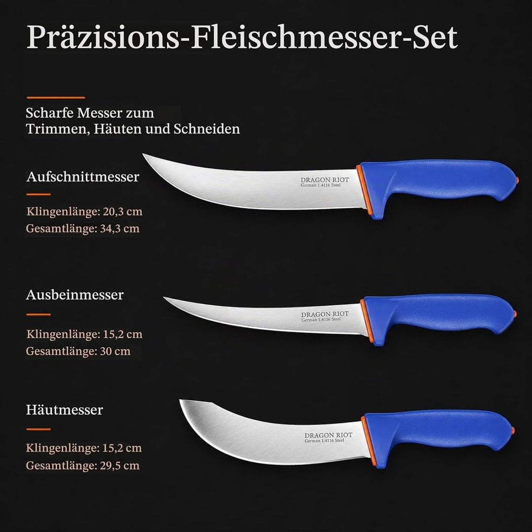 DRAGON RIOT Metzgermesser Set 3-Teilig, Flexibles Ausbeinmesser &amp; Fleischermesser aus Edelstahl, Pro