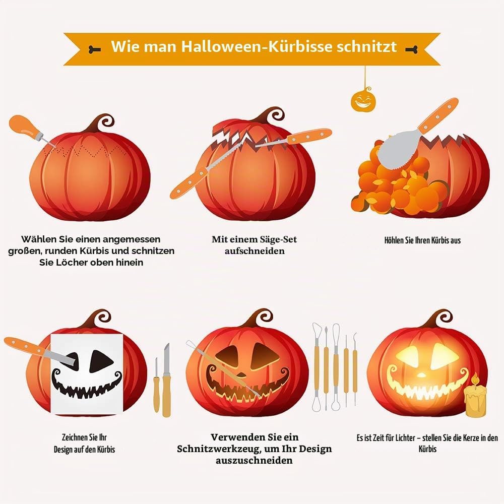 D-FantiX Halloween Kürbis Schnitzset, 13 Stück Professionelles Edelstahl DIY Kürbis Schnitzwerkzeug
