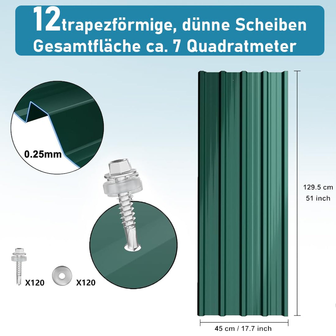 Wellplatten Dach Trapezblech 12x Profilblech 129cm x 45cm ca. 7 m², Wellblechplatten für Dach, Dachb
