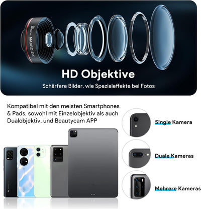 Selvim Handy Objektiv Linse Kit Lens Set 22X Teleobjektiv, 25X Makro Objektiv, 0,62X Weitwinkel, 235