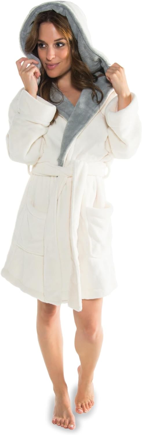 CelinaTex XS-XXXL Bademantel Kapuze zweifarbig kurz aufgesetzte Taschen Damen Mikrofaser Kuschelflee