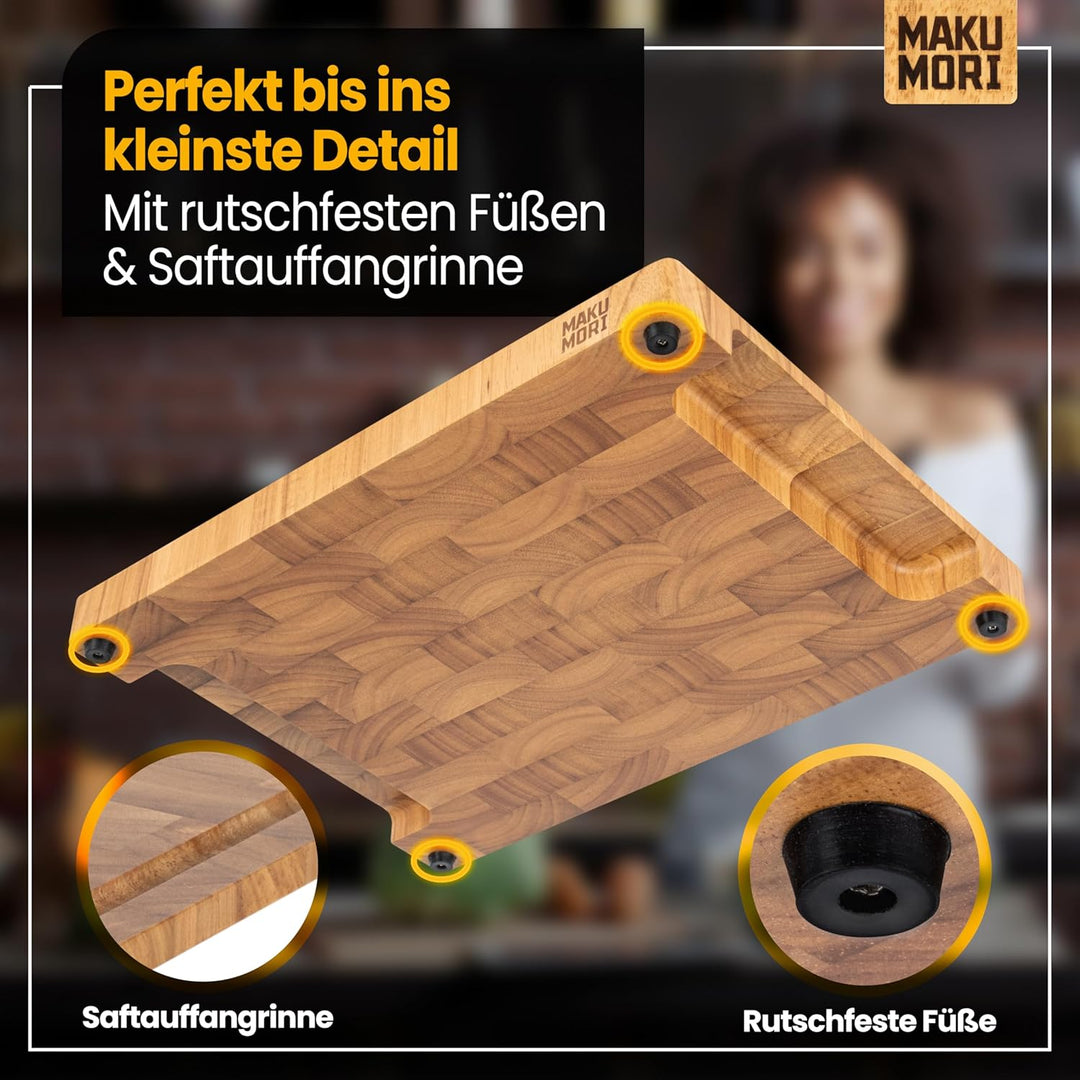 Premium Schneidebrett aus Massivholz, Stirnholz, End Grain 40x29x3cm - Aus leicht karbonisiertem Hev
