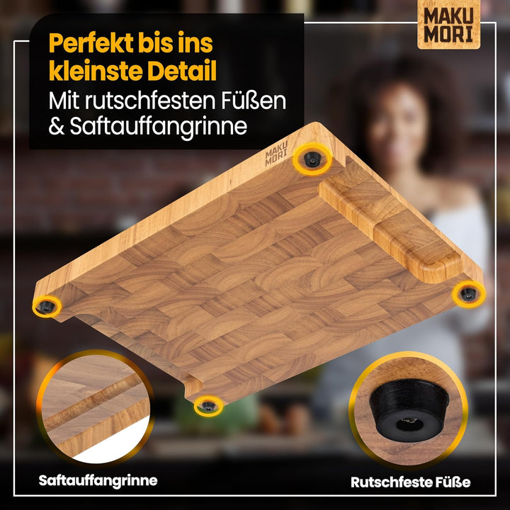 Premium Schneidebrett aus Massivholz, Stirnholz, End Grain 40x29x3cm - Aus leicht karbonisiertem Hev