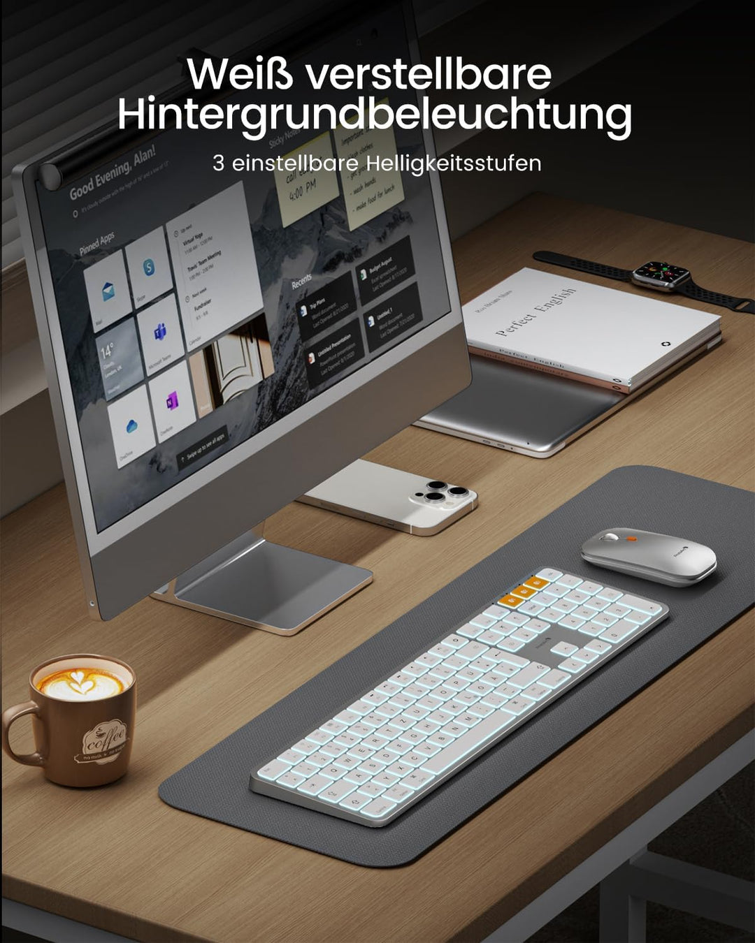 ProtoArc KM100-A Beleuchtet Tastatur Maus Set Kabellos für Mac, Bluetooth QWERTZ Funk Tastatur mit M