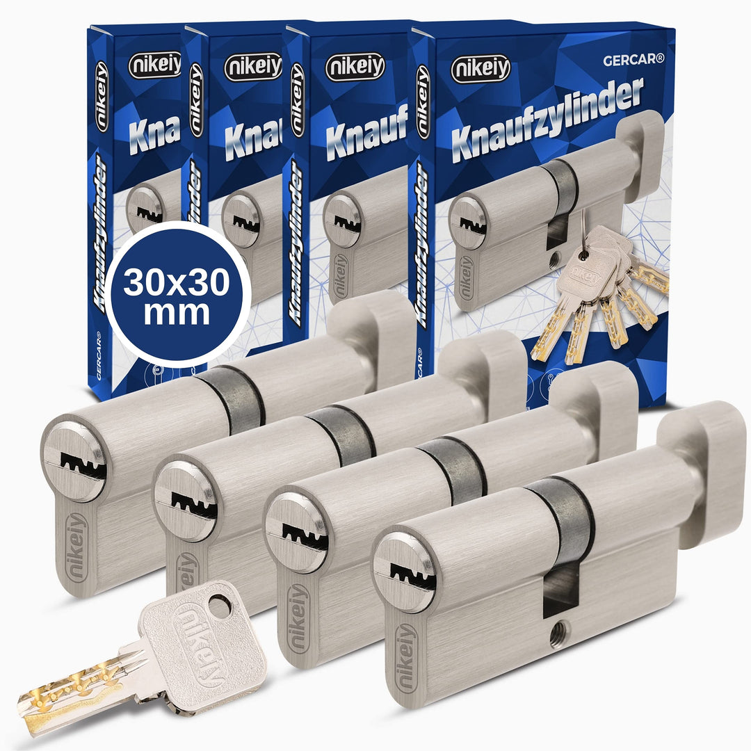 GERCAR Pro Knaufzylinder 30/30 Massiver Schliesszylinder gleichschliessend mit Knauf - 4er Set Zylin