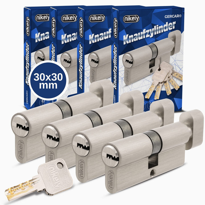 GERCAR Pro Knaufzylinder 30/30 Massiver Schliesszylinder gleichschliessend mit Knauf - 4er Set Zylin