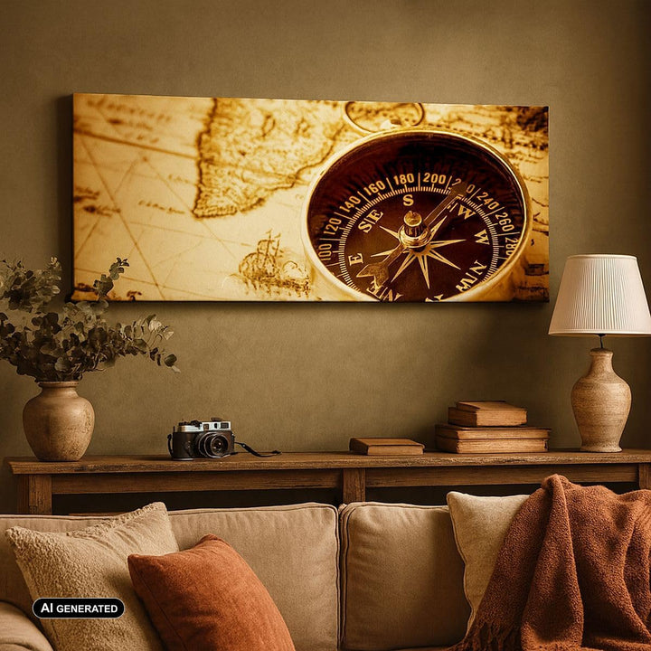 Wandbilder Dekoration Wohnzimmer Kompass alt reisen Reise Panorama Bilder auf Leinwand 120x50cm Lein