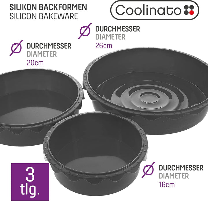 Coolinato 3er Set Silikon Backformen rund 16 cm 20 cm und 26 cm, Grau, Silikonformen zum Backen von