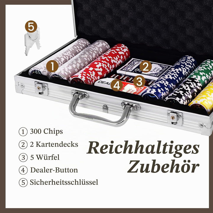 HOMASIS Pokerset mit 300 Chips, Alu Pokerkoffer mit 2 Kartendecks, 5 Würfeln, 1 Dealer Button, Poker
