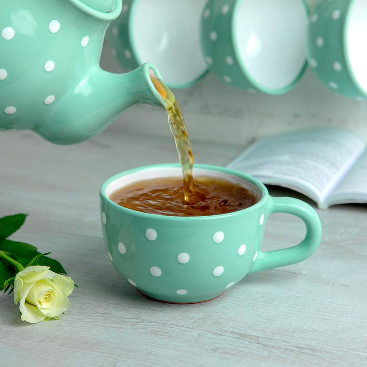 City to Cottage® - Keramik XXL Tasse 500 ml | Kaffeebecher | Türkis und Weiss | Polka Dots | Handgem