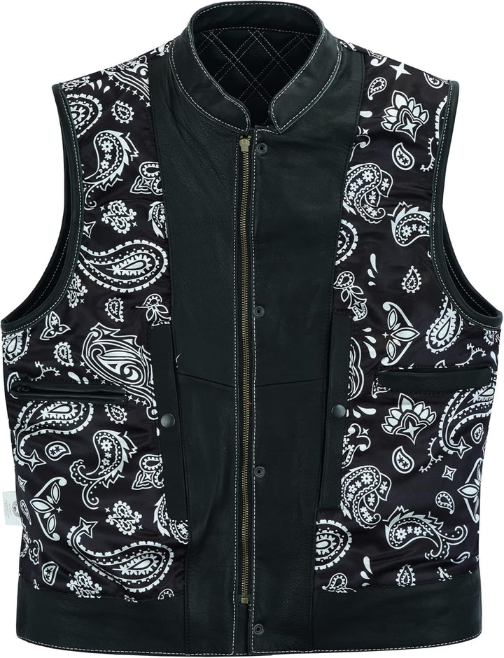 Leatherick Groove Club Herren-Motorradweste aus schwarzem Leder – Bikerweste 48 Schwarz (weisse Raut