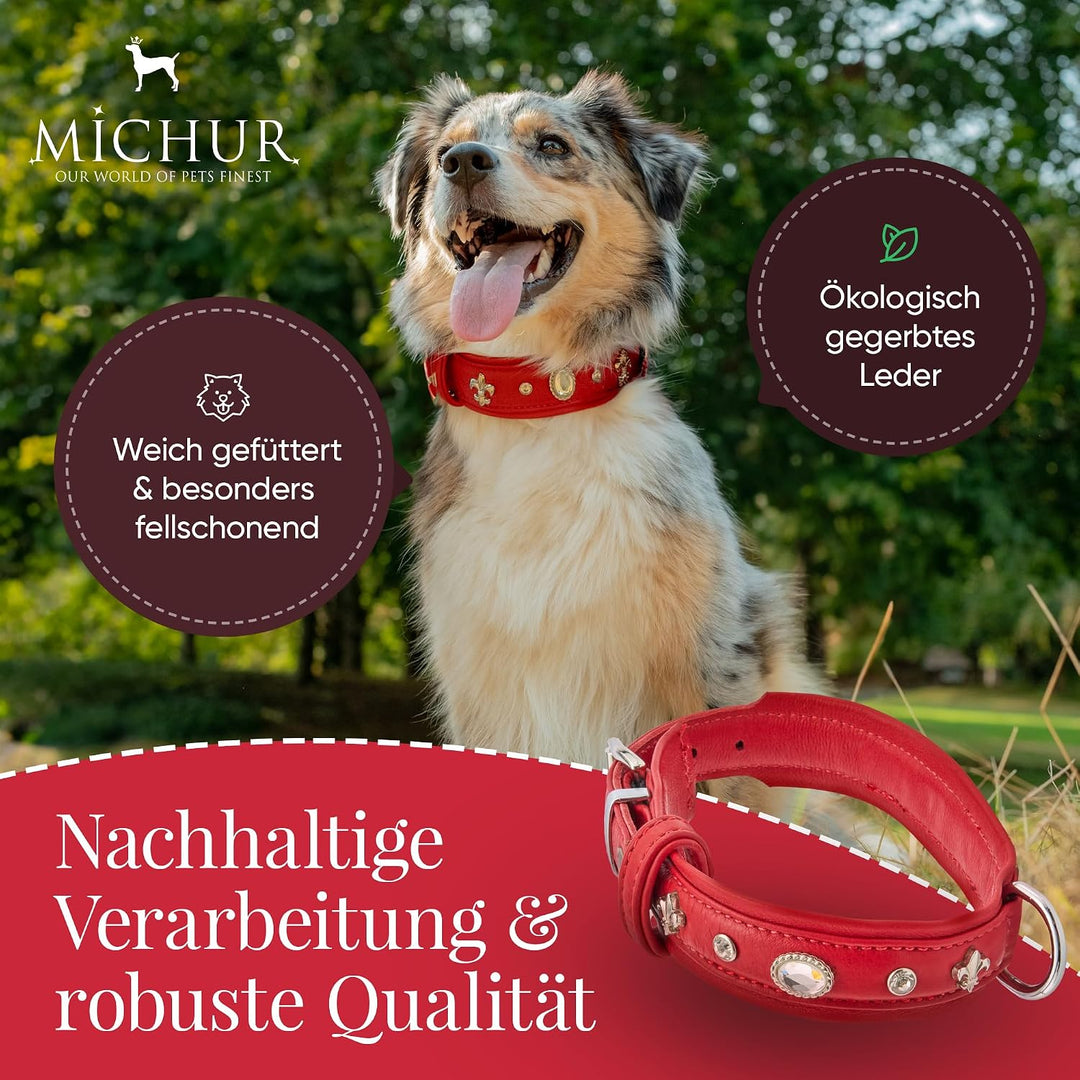 MICHUR Julieta Hundehalsband Leder, Lederhalsband Hund, Halsband, Rot, Leder, mit Lilien,Strassstein