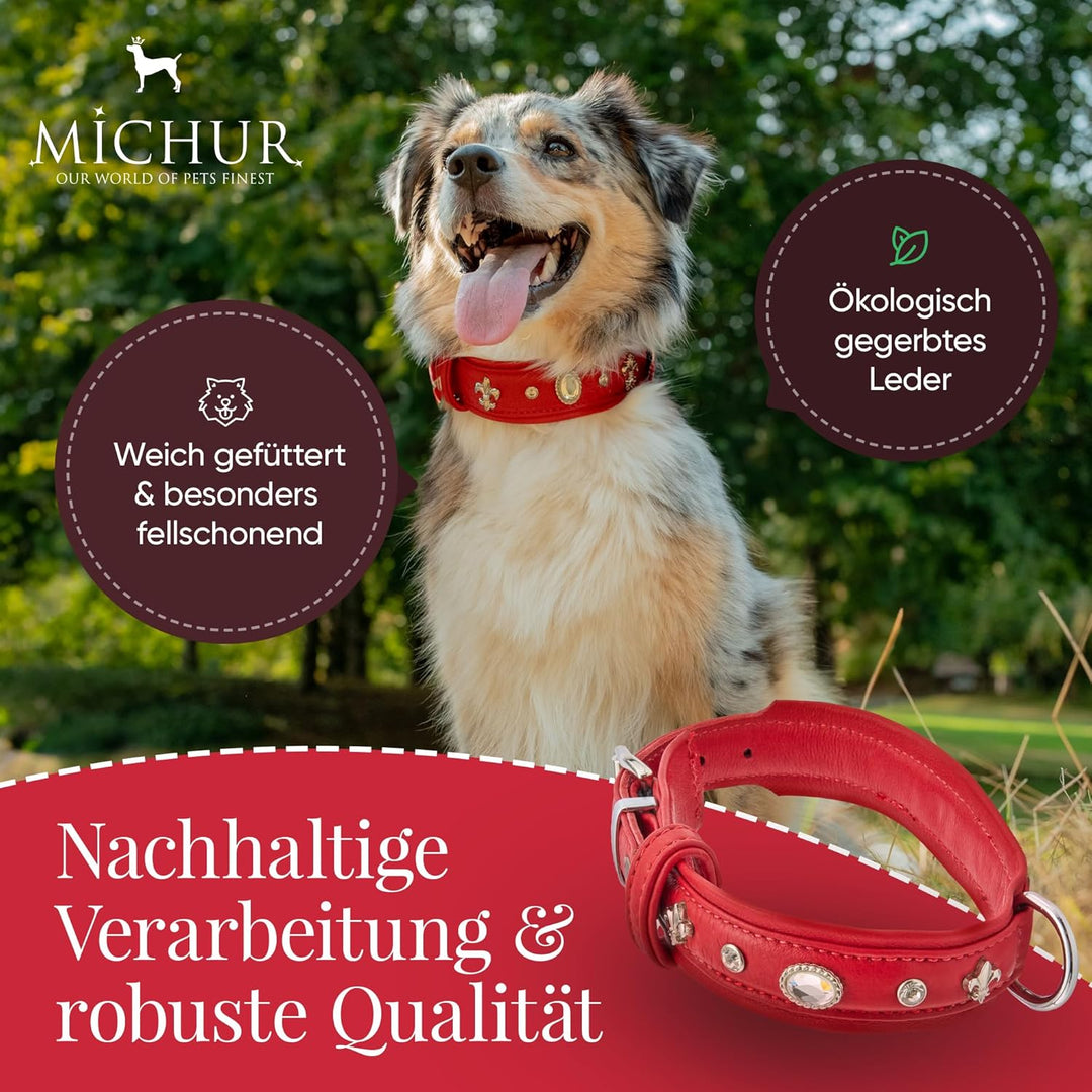 MICHUR Julieta Hundehalsband Leder, Lederhalsband Hund, Halsband, Rot, Leder, mit Lilien,Strassstein